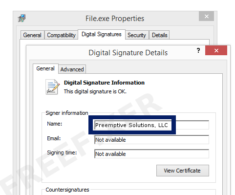 Screenshot of the Preemptive Solutions, LLC certificate